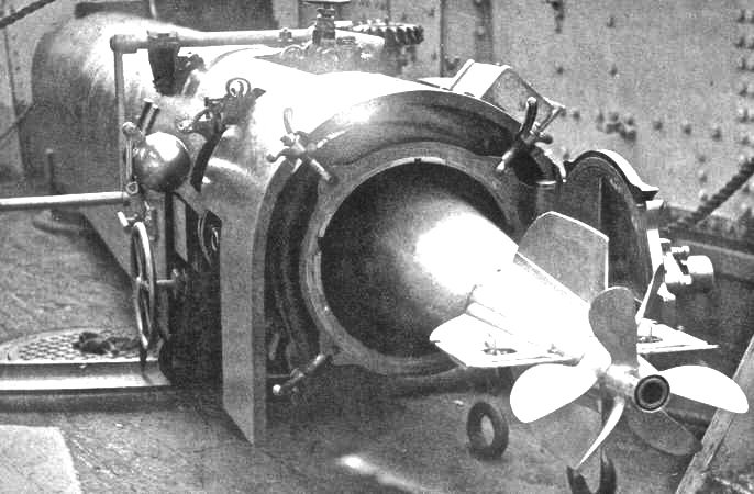 A British whitehead torpedo in its tube.