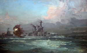 Iron Duke opening fire at Jutland. By Leslie Arthur Wilcox. Private Collection